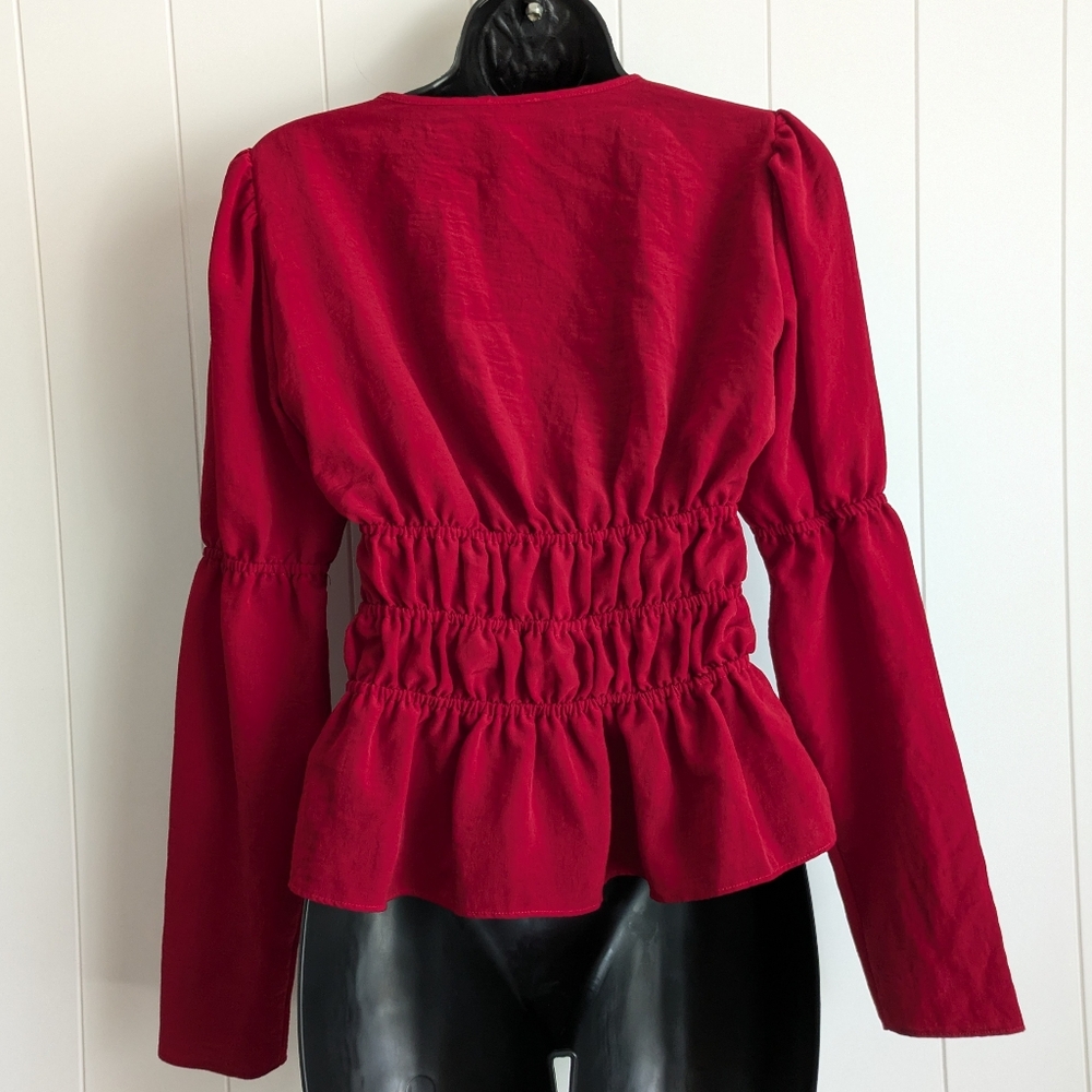 ASOS Red Deep Plunge Peplum Top, Size 4 Long Sleeve, Ruching Waist, V Neck - Picture 6 of 11